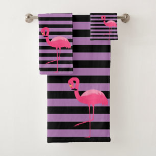 PAARSE ZWARTE STREEP FLAMINGO BADKAMER HANDDOEK SE