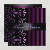 Paarse/zwarte streep & werveling Sweet 16 Invitati Kaart (Voorkant / Achterkant)