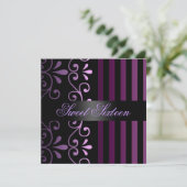 Paarse/zwarte streep & werveling Sweet 16 Invitati Kaart (Staand voorkant)