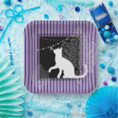 Paarse zwarte strepen en witte kat papieren bordje (Feest)