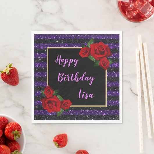 Paarse zwarte strepen Glitter Red Roses Birthday Servet (Insitu)