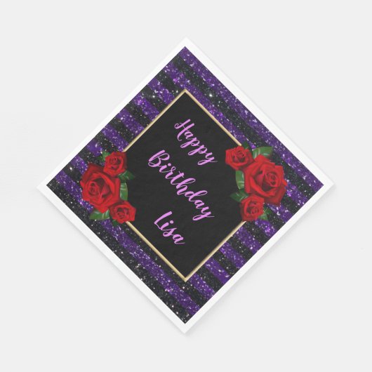 Paarse zwarte strepen Glitter Red Roses Birthday Servet (Hoek)