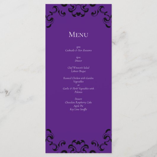 Paarse zwarte swirl gotische bruiloft menu (Voorkant)
