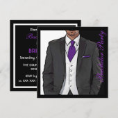 Paarse zwarte tuxedo bachelor nodigt uit kaart (Voorkant / Achterkant)