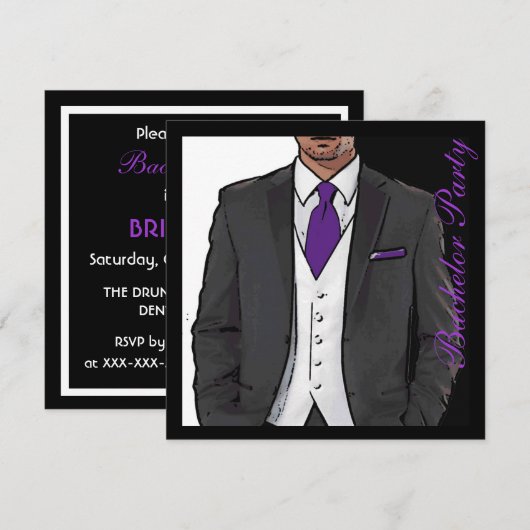 Paarse zwarte tuxedo bachelor nodigt uit kaart (Voorkant / Achterkant)