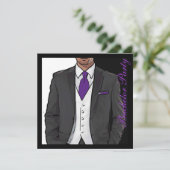 Paarse zwarte tuxedo bachelor nodigt uit kaart (Staand voorkant)