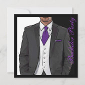 Paarse zwarte tuxedo bachelor nodigt uit kaart (Voorkant)