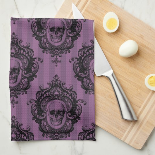 Paarse & zwarte Victoriaans schedels Patroon Hallo Theedoek (Quarter Fold)