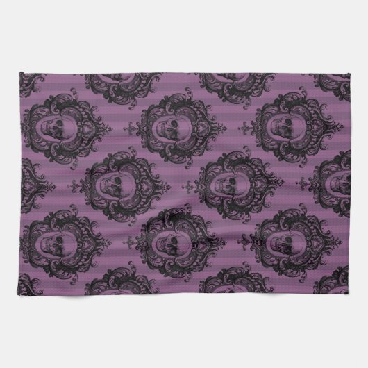 Paarse & zwarte Victoriaans schedels Patroon Hallo Theedoek (Horizontaal)