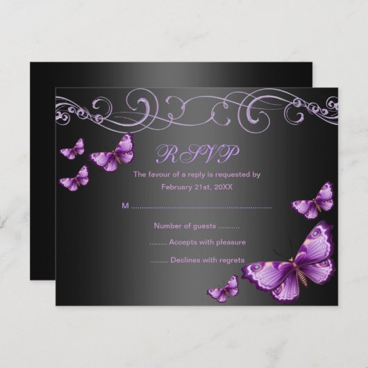 Paarse/zwarte Vlinder Verjaardag RSVP-kaart RSVP Kaartje (Voorkant / Achterkant)