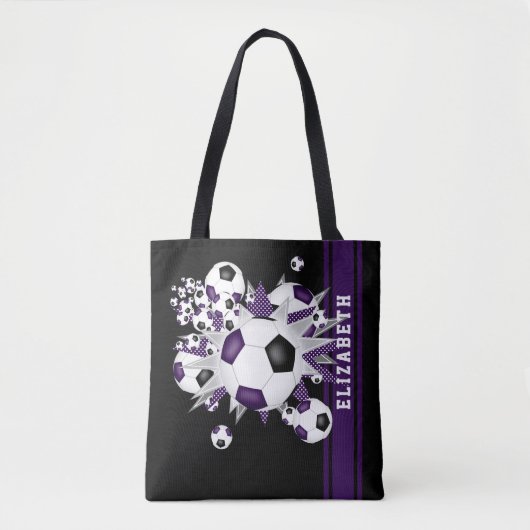 Paarse zwarte voetballen sterren atleet fan naam tote bag (Voorkant)