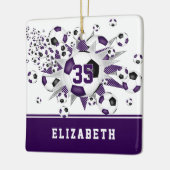 Paarse zwarte voetballen sterren gepersonaliseerd keramisch ornament (Links)