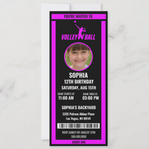 Paarse Zwarte Volleybal Ticket Verjaardag Foto Kaart
