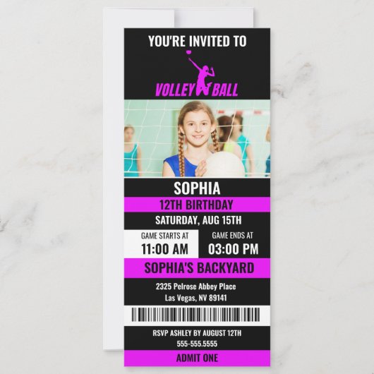 Paarse zwarte volleybal ticket verjaardagsfoto kaart (Voorkant)