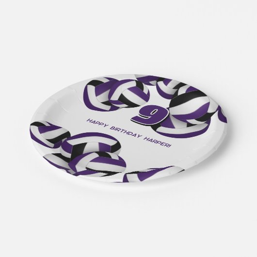 paarse zwarte volleyballen kinderfeestje papieren bordje (Gekanteld)