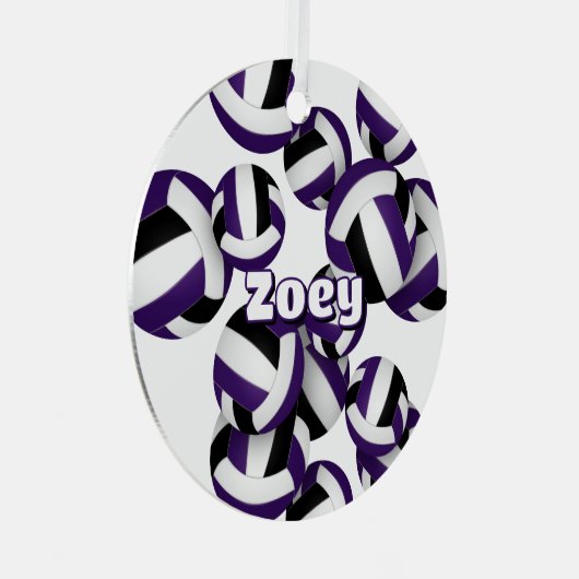 paarse zwarte volleyballen w atleet naam keepsake metalen ornament (Voorkant Rechts)