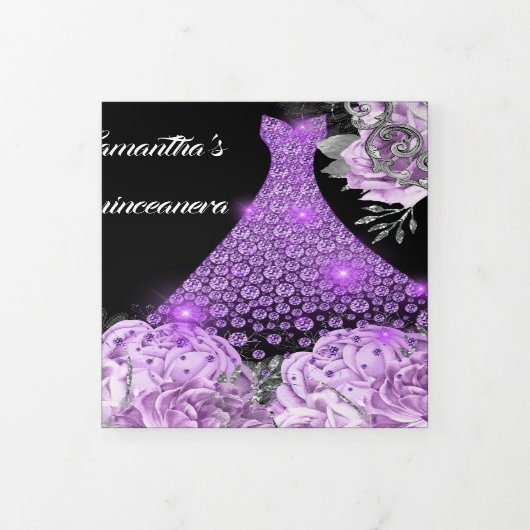 Paarse zwarte vrouwen PHOTO roos glitter Drieluik Uitnodiging (Cover)