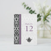 Paarse, zwarte, witte Damask Tafelnummer Kaart (Staand voorkant)