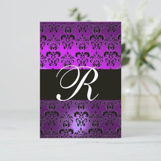 PAARSE ZWARTE WITTE DAMASKMONOGRAM RSVP KAART (Staand voorkant)