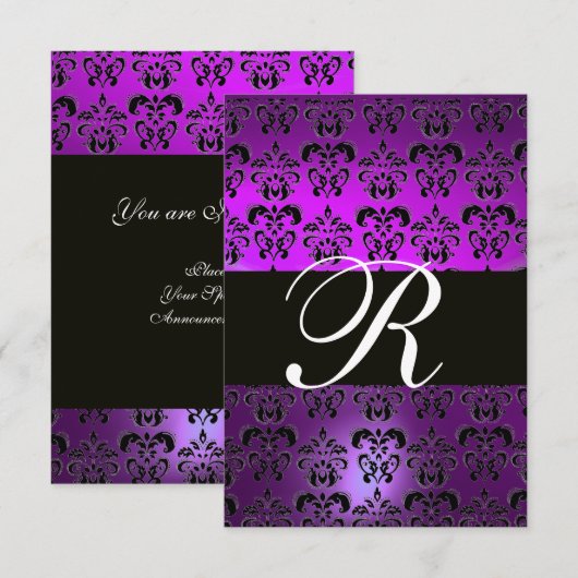 PAARSE ZWARTE WITTE DAMASKMONOGRAM RSVP KAART (Voorkant / Achterkant)