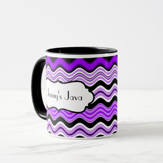 Paarse, zwarte, witte strepjes persoonlijke microf mok (Voorkant links)