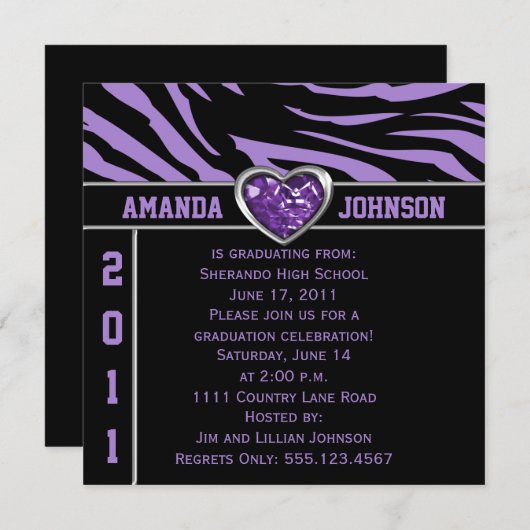 Paarse Zwarte Zebra Paarse en Zilveren Hart Juweel Kaart (Voorkant / Achterkant)