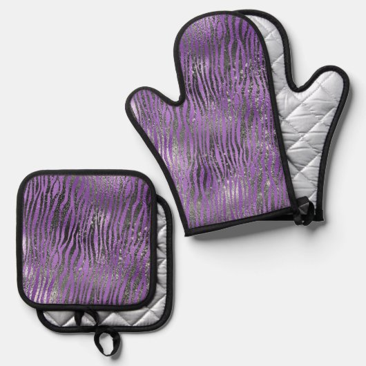 Paarse zwarte zebra print ovenwant & pannenlap set (Voorkant / Achterkant)