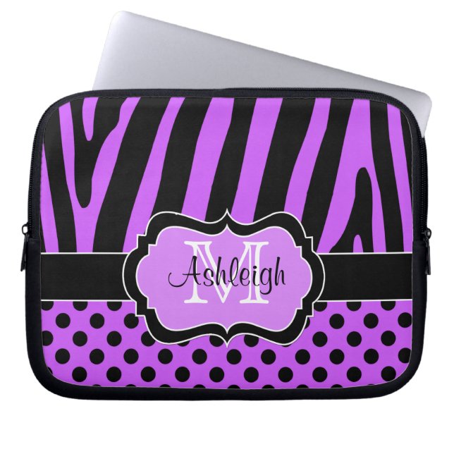 Paarse zwarte Zebra Stripes Polka Dots Hoesje Laptop Sleeve (Voorkant)