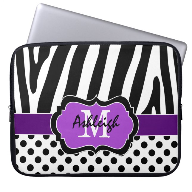 Paarse zwarte Zebra Stripes Polka Dots Hoesje Laptop Sleeve (Voorkant)