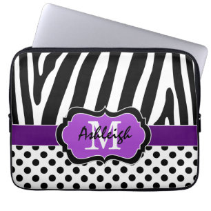 Paarse zwarte Zebra Stripes Polka Dots Hoesje Laptop Sleeve