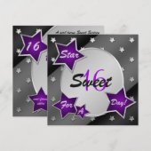 Paarse, zwarte, zilveren sterren Sweet 16 Invitati Kaart (Voorkant / Achterkant)