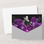 Paarse zwarte zilverkleurige roos elegant vlinderg all in one uitnodiging (Achterkant)