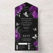 Paarse zwarte zilverkleurige roos elegant vlinderg all in one uitnodiging (Binnen)