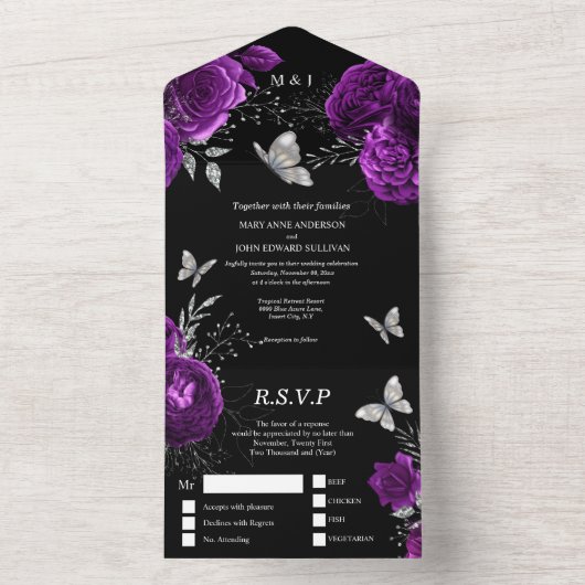 Paarse zwarte zilverkleurige roos elegant vlinderg all in one uitnodiging (Binnen)