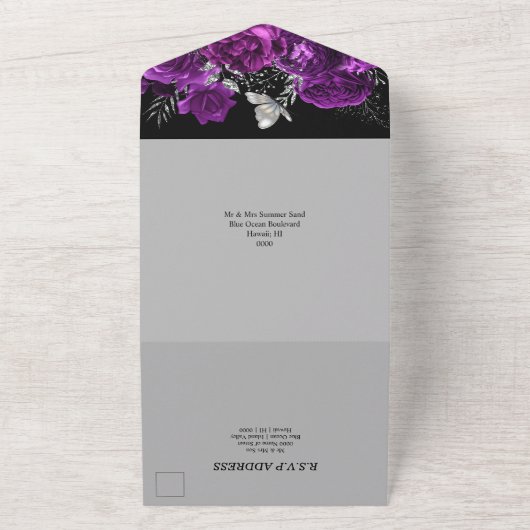 Paarse zwarte zilverkleurige roos elegant vlinderg all in one uitnodiging (Buitenkant)