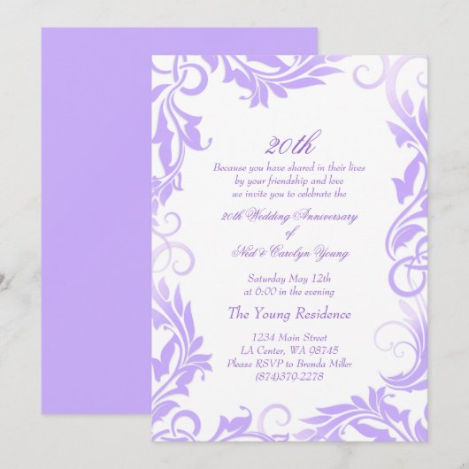 Paarse Zwirl 20e Wedding Jubileum Uitnodiging (Voorkant / Achterkant)