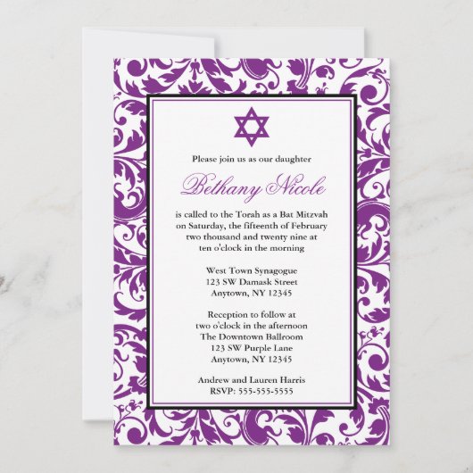Paarse Zwirl Damask Bat Mitzvah Invitaties Kaart (Voorkant)