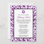 Paarse Zwirl Damask Bat Mitzvah Invitaties Kaart<br><div class="desc">Nodig uw gasten bij uw Bat Mitzvah in stijl uit met deze elegante paarse swirl damask uitnodiging. Stijlvol en formeel — Eenvoudig te personaliseren voor uw evenement!</div>