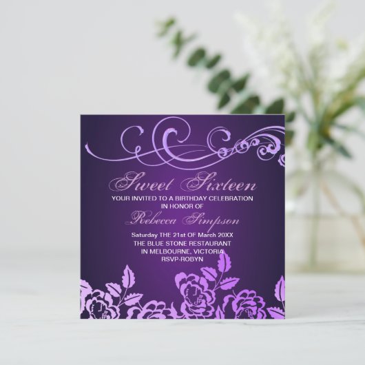 Paarse Zwirl & Roos Sweet 16 Birthday Uitnodiging (Staand voorkant)
