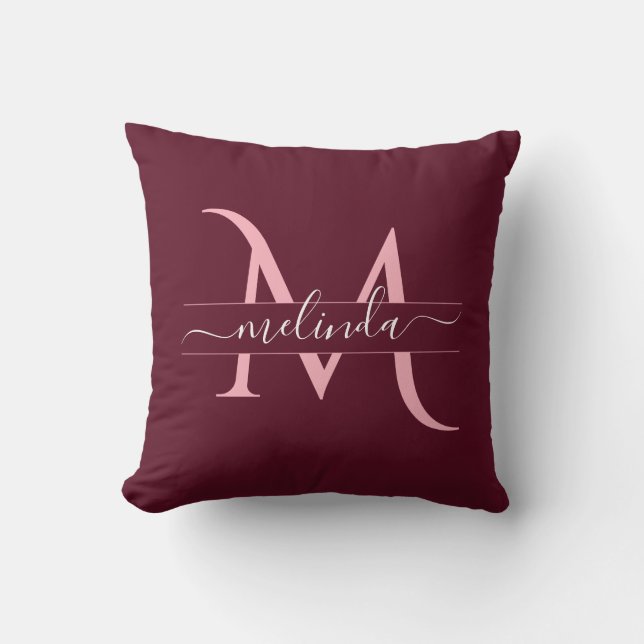 Paarsroze op maat gemaakte monogram naam script kussen (Voorkant)