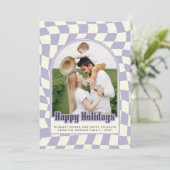 Paarsste Prettige feestdagen Retro Groovy Checkere Feestdagenkaart (Staand voorkant)