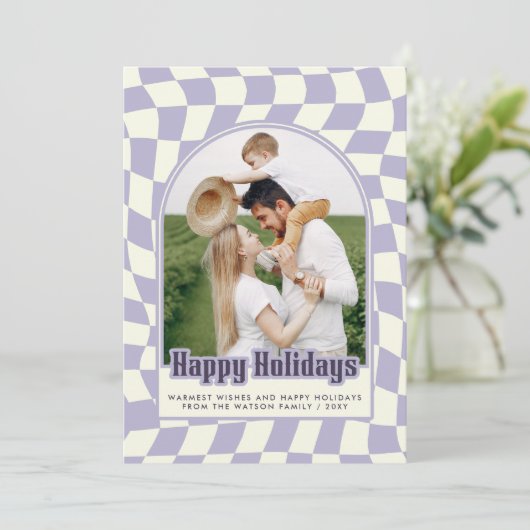 Paarsste Prettige feestdagen Retro Groovy Checkere Feestdagenkaart (Staand voorkant)