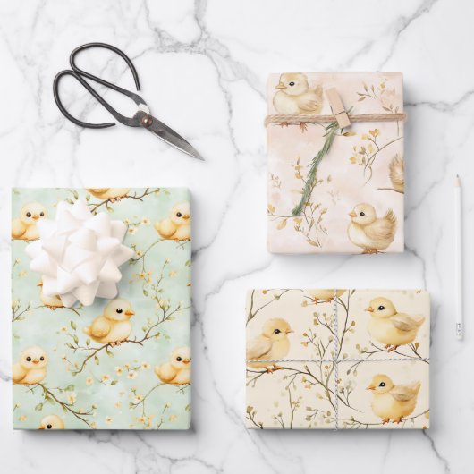 Paas Baby Chicks & Pastel Spring Blossoms Inpakpapier Vel (Voorkant)