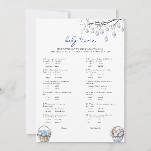 Paas Baby Trivia Baby shower Game Kaart (Voorkant)