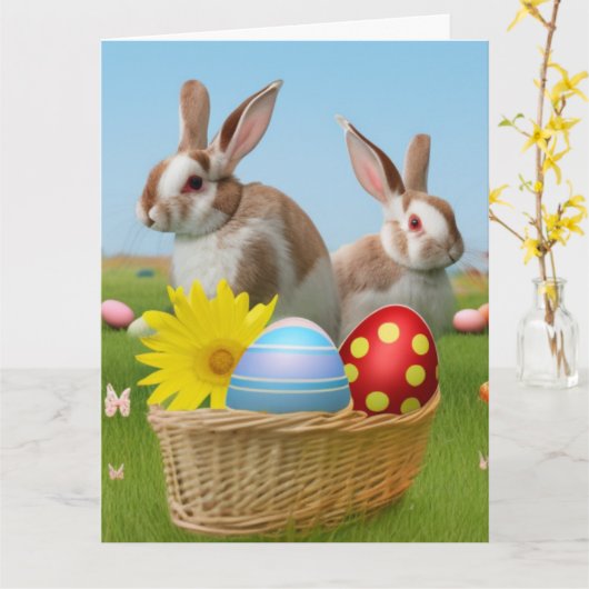 Paas Cute Konijn voor een positieve stemming Kaart (Gele Bloem)