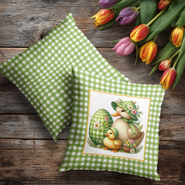 Paas Eenden Paasei & Bloemen op Groen Gingham Kussen