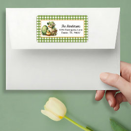 Paas Eenden Paasei & Bloemen op Groene Gingham Etiket