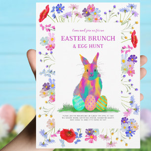 Paas Eieren Jacht Brunch Kleurrijke Konijn Bloemst Kaart