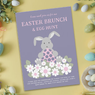 Paas Eieren Jacht Brunch Schattig Konijn Roze Bloe Uitnodiging Briefkaart