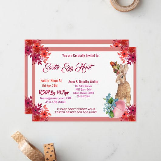 Paas eitjes jacht Waterverf Bloemstuk Konijn Uitno Notitiekaartje (Voorkant / Achterkant in situ)